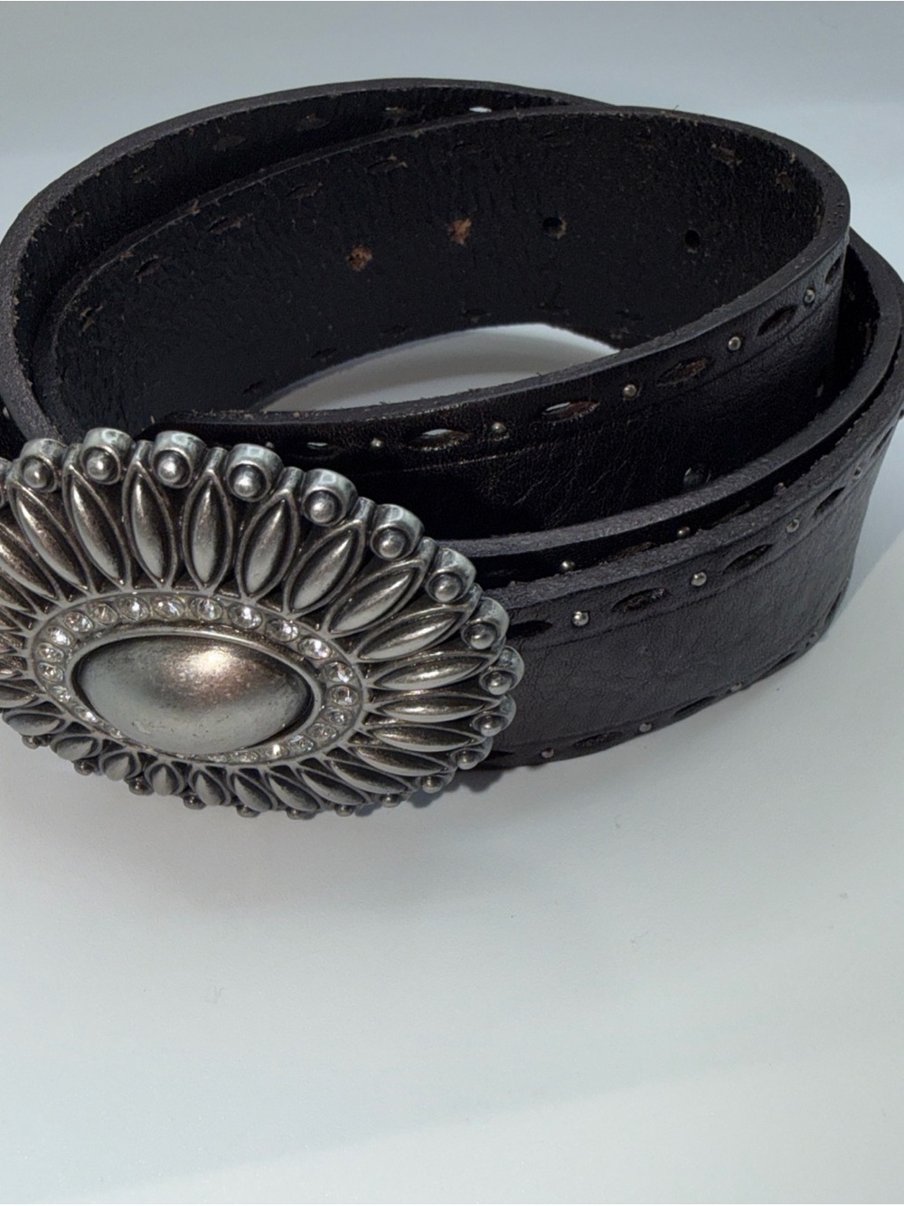 Fossil Black Leather Belt Womens Sz M Decorative Metal Buckle Rhinestones Y2K
